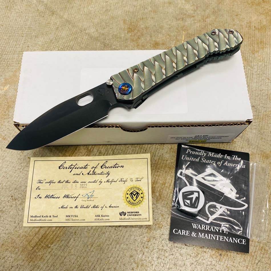 Medford 187 DP D2 PVD 3.75" Blade Bead Blasted Cement with Violet Predator Handles Knife serial 107-066