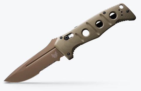 Benchmade 2750SFE-2 Shane Sibert AUTO Adamas SERRATED Folding Knife 3.78" CruWear Flat Dark Earth Plain Blade, OD Green G10 Handles, Ballistic Nylon Sheath