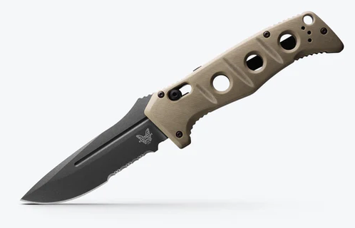 Benchmade 2750SGY-3 Shane Sibert AUTO Adamas SERRATED Folding Knife 3.78" CruWear Tungsten Gray Plain Blade, Desert Tan G10 Handles