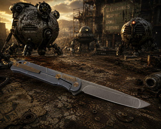 Medford T-Bone Fallout Series, Original Series BLUE Handles, BRONZE Hardware S45VN Tanto Blade, PVD Clip, Knife Serial