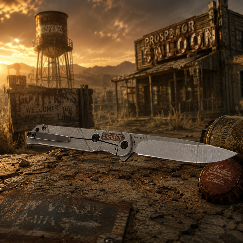 Load image into Gallery viewer, Medford T-Bone Fallout Series, Original Series Handles, S45VN Drop Point Blade, Flamed Clip, Knife Serial# 308-118

