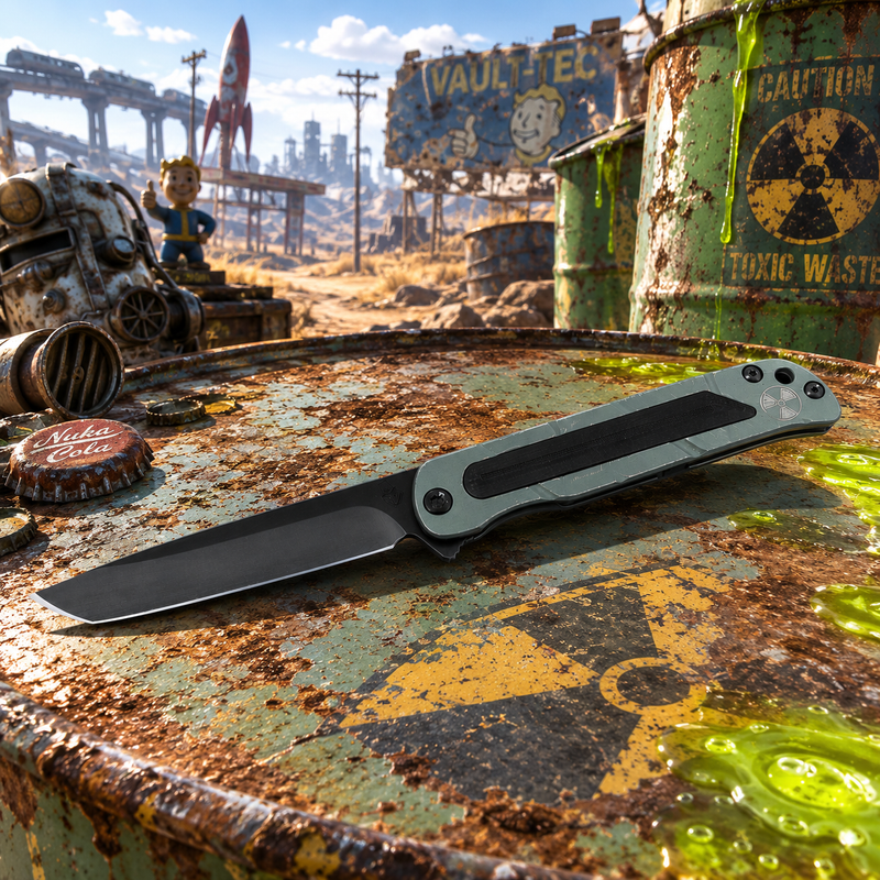 Load image into Gallery viewer, Medford T-Bone Fallout Series, Original Series GREEN Handles, PVD Hardware S45VN Tanto Blade, PVD Clip, Knife Serial# 308-035
