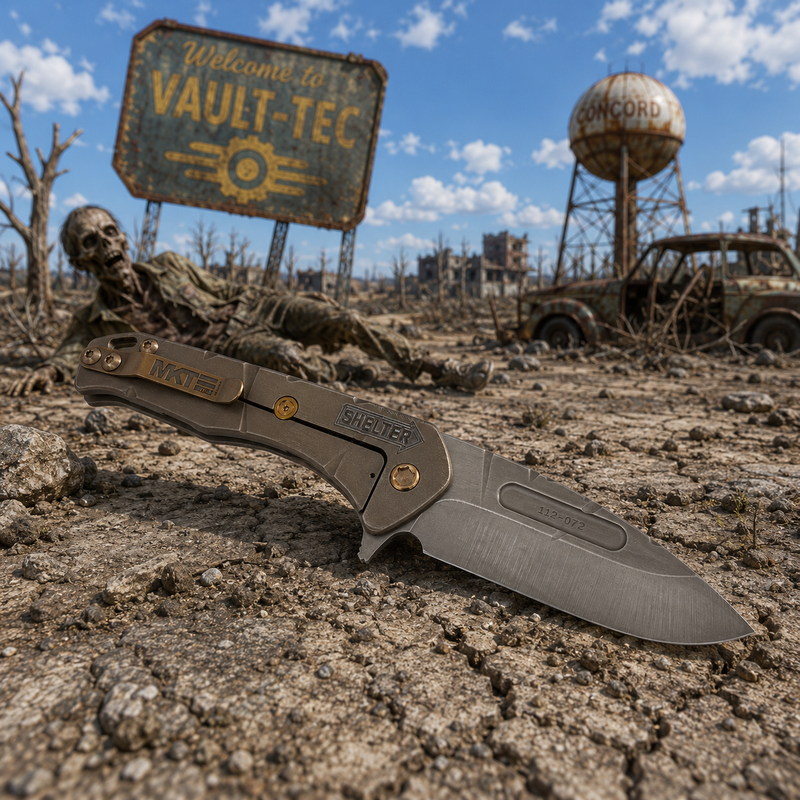 Load image into Gallery viewer, Medford Praetorian Slim Flipper, Original BRONZE Fallout Theme, S35VN Drop Point, Bronze Hardware Knife Serial# 112-072
