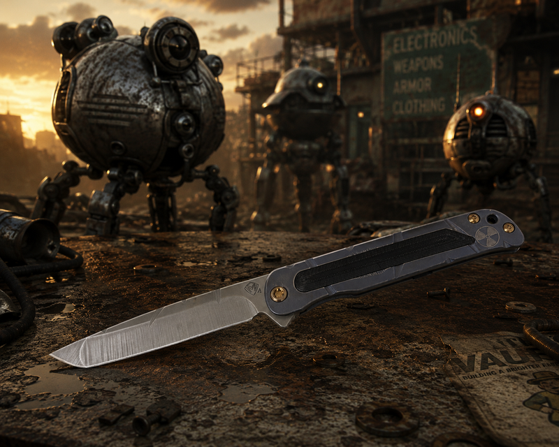 Load image into Gallery viewer, Medford T-Bone Fallout Series, Original Series BLUE Handles, BRONZE Hardware S45VN Tanto Blade, PVD Clip, Knife Serial# 401-080
