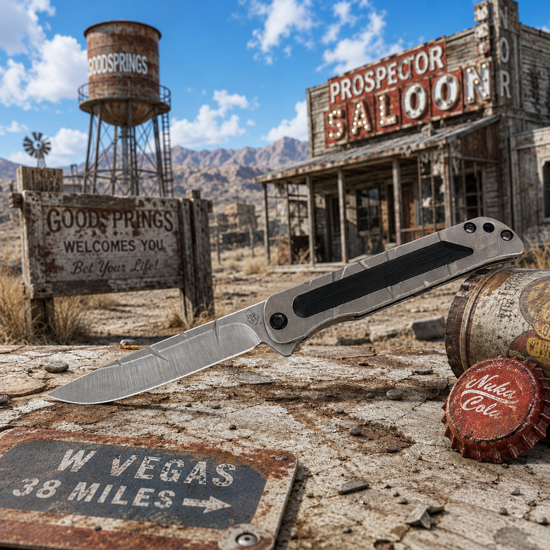 Load image into Gallery viewer, Medford T-Bone Fallout Series, Original Series Handles, S45VN Drop Point Blade, Flamed Clip, Knife Serial# 308-118
