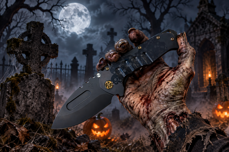 Load image into Gallery viewer, Medford Praetorian T S45VN 3.75" DLC Drop Point Blade DLC Graveyard Skulls Handles Knife Serial 310-785
