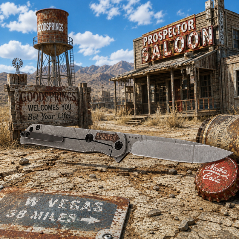 Load image into Gallery viewer, Medford T-Bone Fallout Series, Original Series Handles, S45VN Drop Point Blade, Flamed Clip, Knife Serial# 308-118

