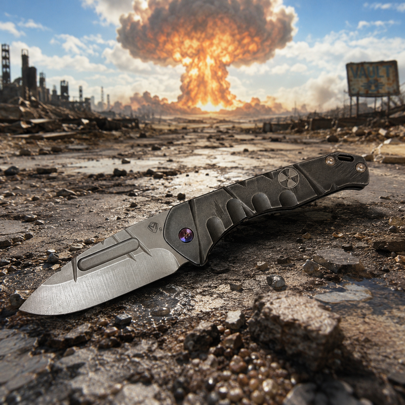 Load image into Gallery viewer, Medford Praetorian Slim NON-Flipper, Original BLACK Fallout Theme, S35VN Drop Point, Bronze Hardware Knife Serial# 08-015

