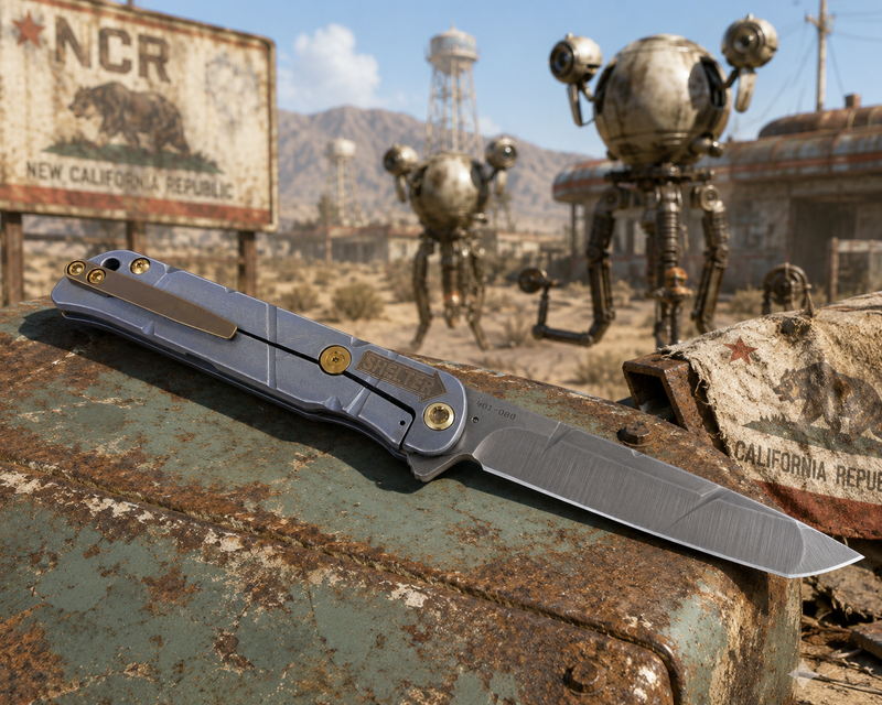 Load image into Gallery viewer, Medford T-Bone Fallout Series, Original Series BLUE Handles, BRONZE Hardware S45VN Tanto Blade, PVD Clip, Knife Serial# 401-080
