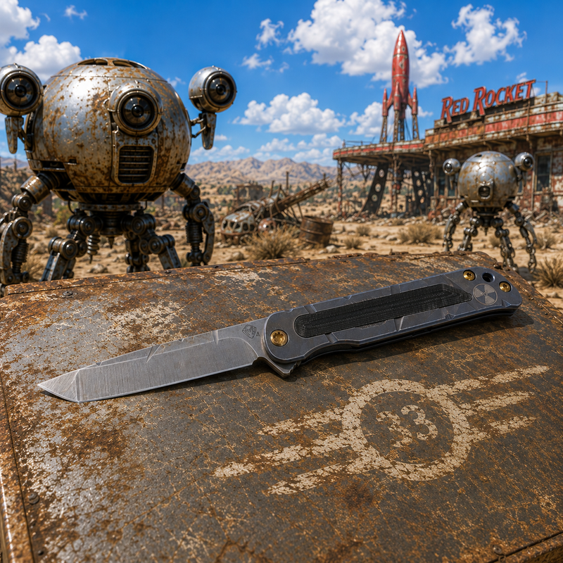 Load image into Gallery viewer, Medford T-Bone Fallout Series, Original Series BLUE Handles, BRONZE Hardware S45VN Tanto Blade, PVD Clip, Knife Serial# 401-080
