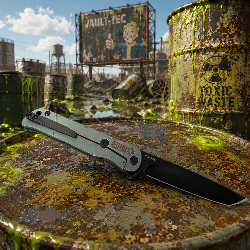 Load image into Gallery viewer, Medford T-Bone Fallout Series, Original Series GREEN Handles, PVD Hardware S45VN Tanto Blade, PVD Clip, Knife Serial# 308-035

