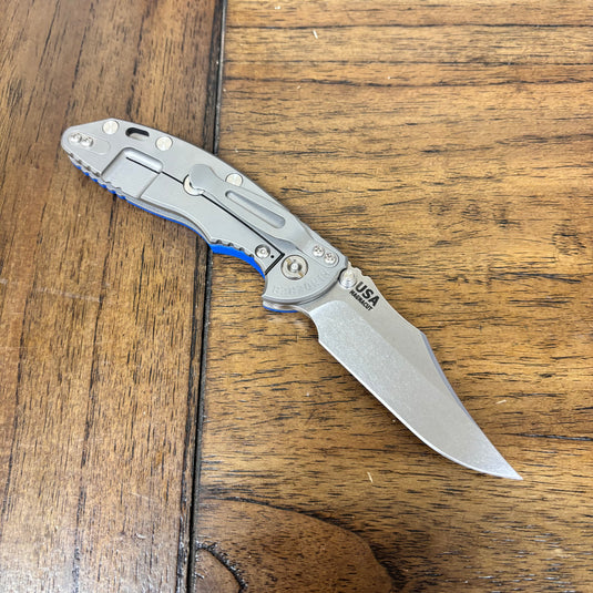 Rick Hinderer XM-18 3.5" Magnacut Bowie, NON-Flipper, Tri-Way, Stonewash Blade, Bead Blasted Handle, Blue G10 Knife