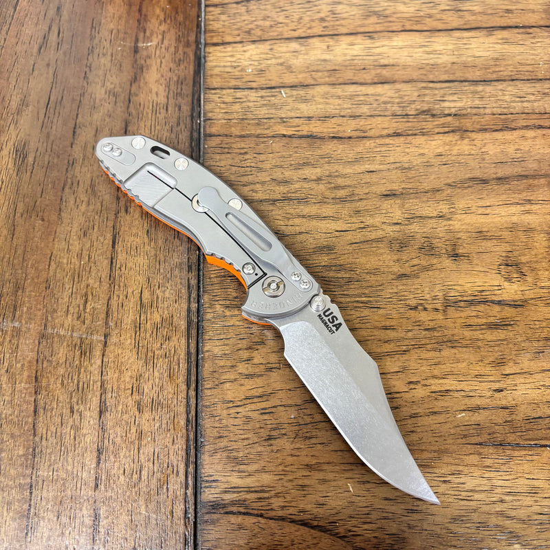 Load image into Gallery viewer, Rick Hinderer XM-18 3.5" Magnacut Bowie, NON-Flipper, Tri-Way, Stonewash Blade, Bead Blasted Handle, Orange G10 Knife
