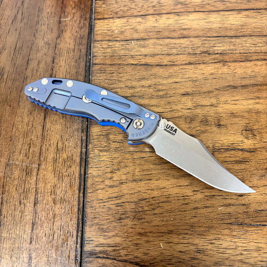 Rick Hinderer XM-18 3.5" Magnacut Bowie, NON-Flipper, Tri-Way, Stonewash Blade, Bead Blasted Blue Handle, Blue G10 Knife