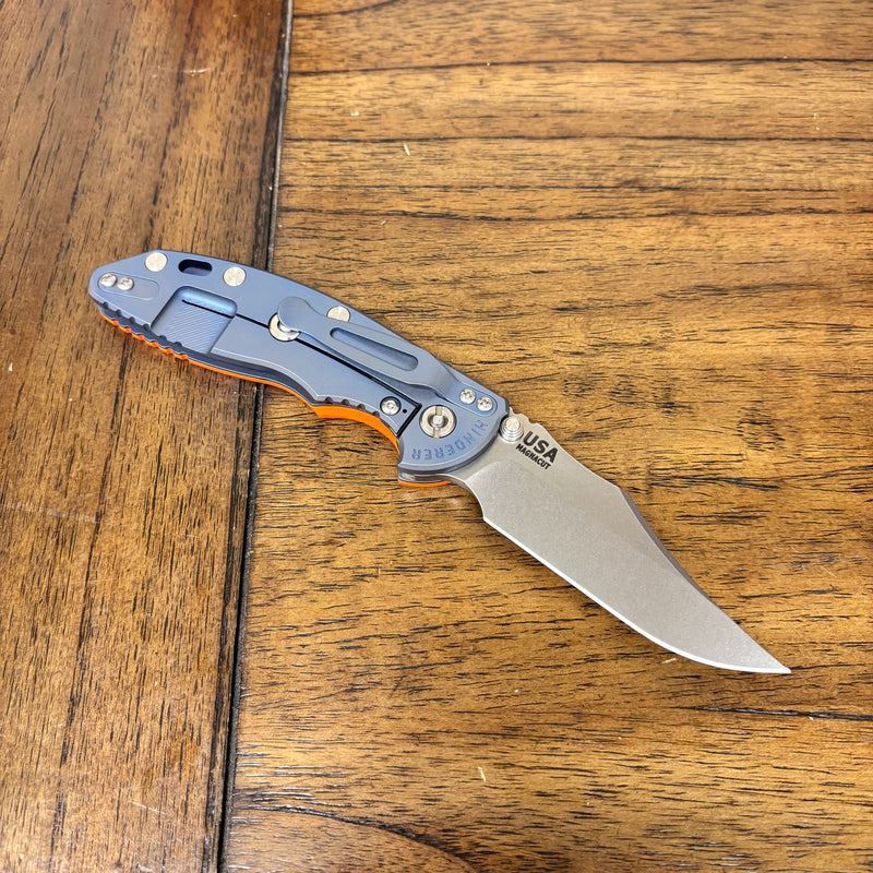 Load image into Gallery viewer, Rick Hinderer XM-18 3.5" Magnacut Bowie, NON-Flipper, Tri-Way, Stonewash Blade, Bead Blasted Blue Handle, Orange G10 Knife
