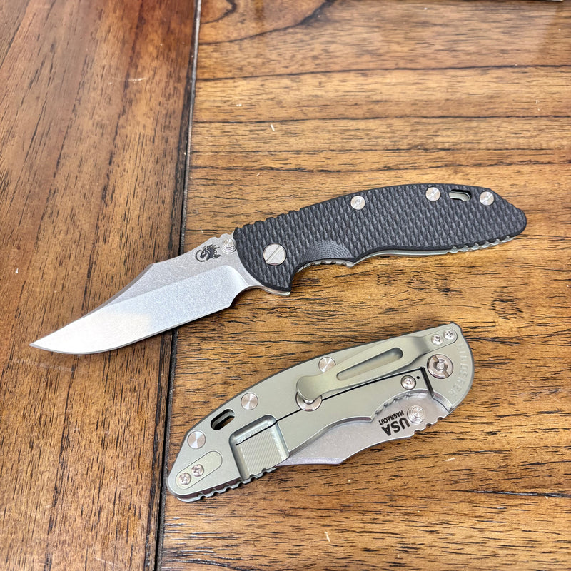 Load image into Gallery viewer, Rick Hinderer XM-18 3.5" Magnacut Bowie, NON-Flipper, Tri-Way, Stonewash Blade, Bead Blasted Green Handle, Black G10 Knife
