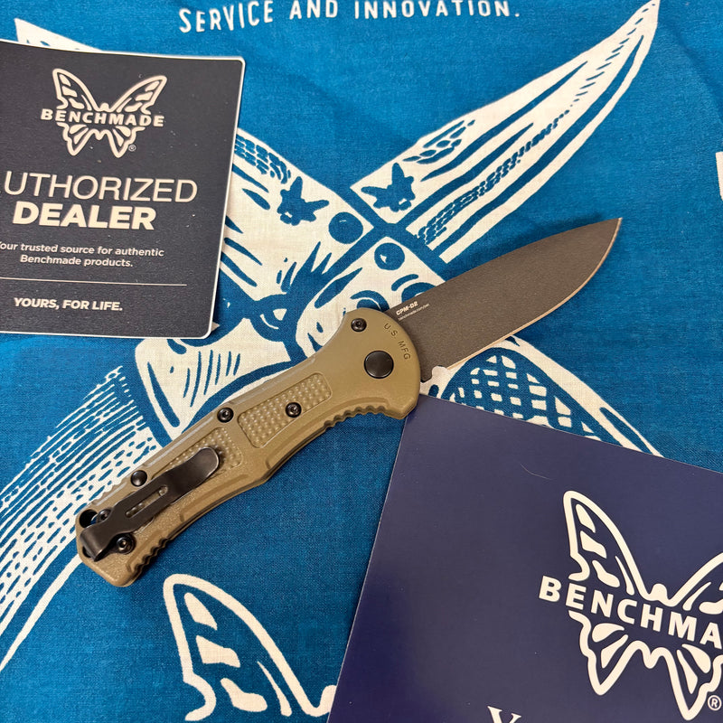 Load image into Gallery viewer, Benchmade 9570BK-1 Mini Claymore AUTO Folding Knife 3" CPM-D2 Cobalt Blade Ranger Green Grivory Handles
