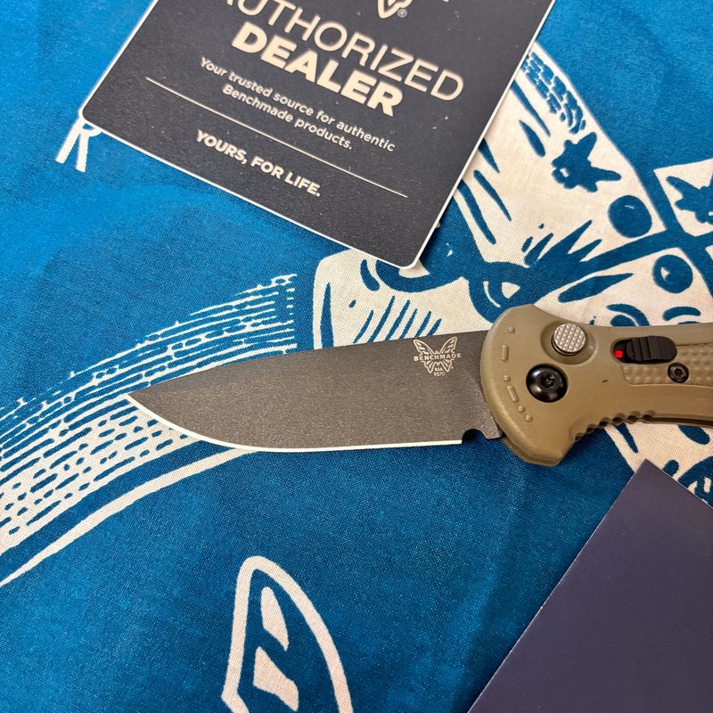 Load image into Gallery viewer, Benchmade 9570BK-1 Mini Claymore AUTO Folding Knife 3" CPM-D2 Cobalt Blade Ranger Green Grivory Handles
