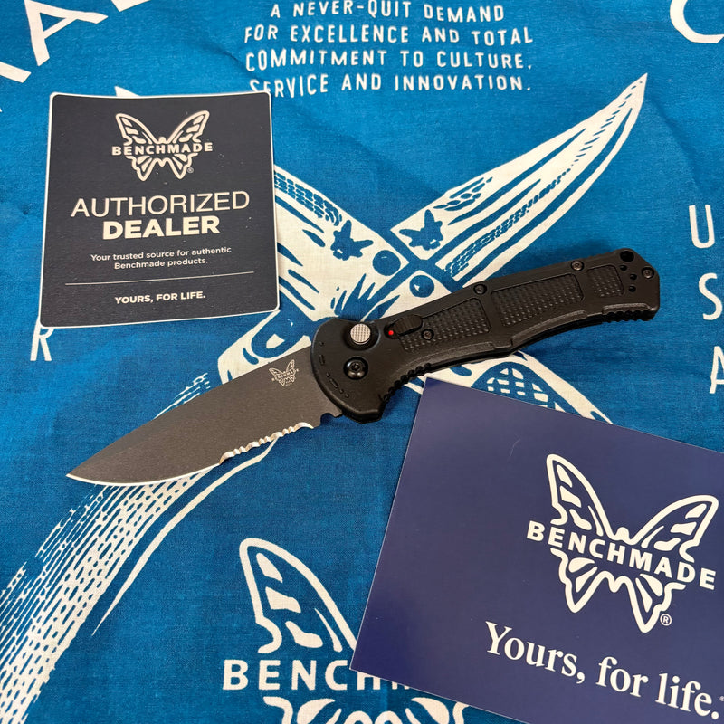 Load image into Gallery viewer, Benchmade 9070SBK Claymore AUTO Folding Knife 3.6" CPM-D2 Cobalt Serrated Blade, Black Grivory Handles
