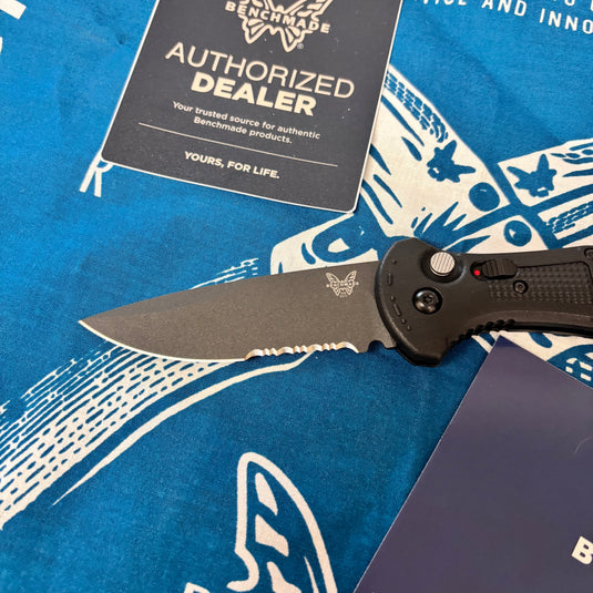 Benchmade 9070SBK Claymore AUTO Folding Knife 3.6" CPM-D2 Cobalt Serrated Blade, Black Grivory Handles