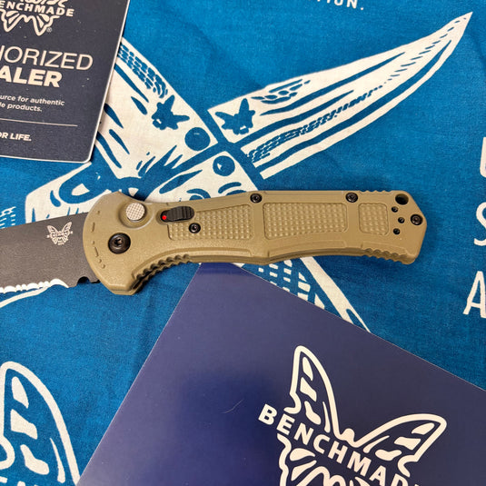 Benchmade 9070SBK-1 Claymore AUTO Folding Knife 3.6" CPM-D2 Cobalt Black Combo Blade, Ranger Green Grivory Handles