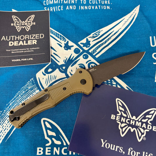 Benchmade 9070SBK-1 Claymore AUTO Folding Knife 3.6" CPM-D2 Cobalt Black Combo Blade, Ranger Green Grivory Handles