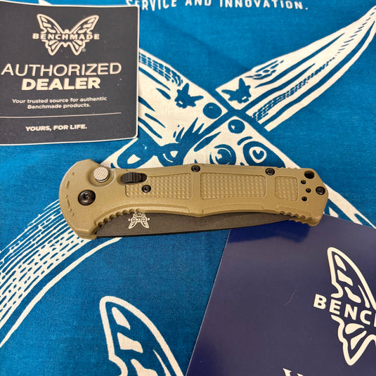 Benchmade 9070SBK-1 Claymore AUTO Folding Knife 3.6" CPM-D2 Cobalt Black Combo Blade, Ranger Green Grivory Handles