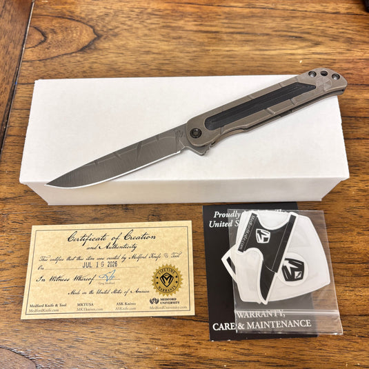 Medford T-Bone Fallout Series, Original Series BRONZE Handles, S45VN Drop Point Blade, PVD Clip, Knife Serial