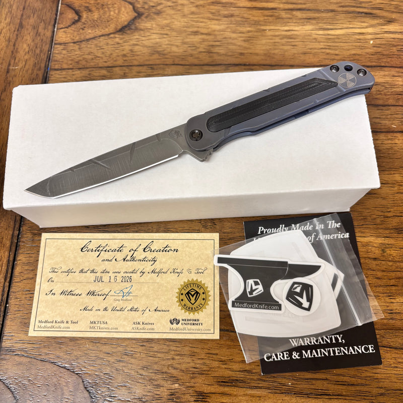 Load image into Gallery viewer, Medford T-Bone Fallout Series, Original Series BLUE Handles, S45VN Tanto Blade, PVD Clip, Knife Serial# 401-094
