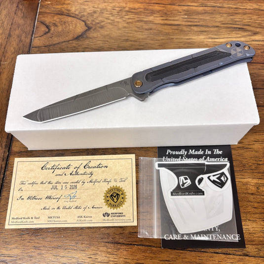Medford T-Bone Fallout Series, Original Series BLUE Handles, BRONZE Hardware S45VN Tanto Blade, PVD Clip, Knife Serial