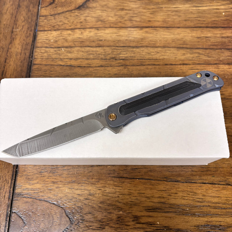 Load image into Gallery viewer, Medford T-Bone Fallout Series, Original Series BLUE Handles, BRONZE Hardware S45VN Tanto Blade, PVD Clip, Knife Serial# 401-080
