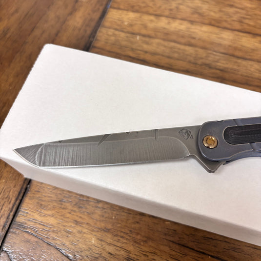 Medford T-Bone Fallout Series, Original Series BLUE Handles, BRONZE Hardware S45VN Tanto Blade, PVD Clip, Knife Serial