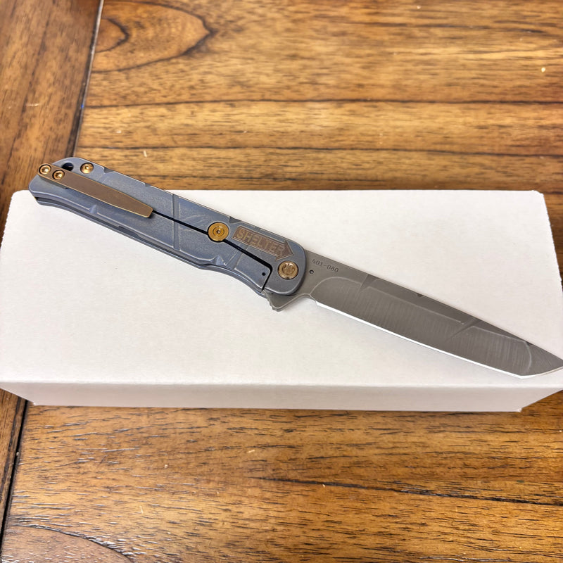 Load image into Gallery viewer, Medford T-Bone Fallout Series, Original Series BLUE Handles, BRONZE Hardware S45VN Tanto Blade, PVD Clip, Knife Serial# 401-080
