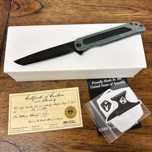 Medford T-Bone Fallout Series, Original Series GREEN Handles, PVD Hardware S45VN Tanto Blade, PVD Clip, Knife Serial