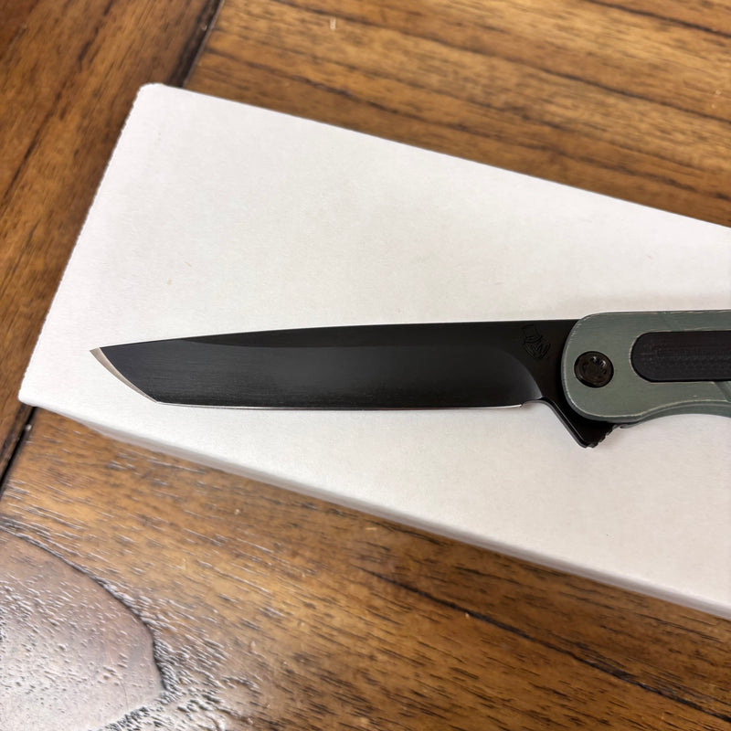 Load image into Gallery viewer, Medford T-Bone Fallout Series, Original Series GREEN Handles, PVD Hardware S45VN Tanto Blade, PVD Clip, Knife Serial# 308-035
