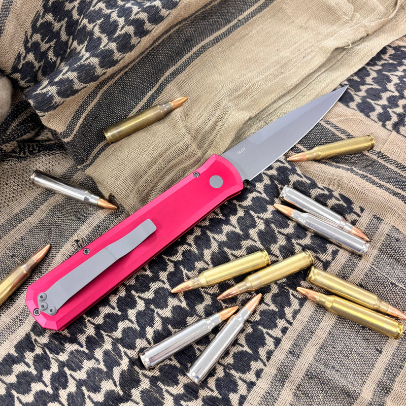 Load image into Gallery viewer, Protech 920-RED Godfather Satin 4" Solid Red Handle Blasted Blade Knife

