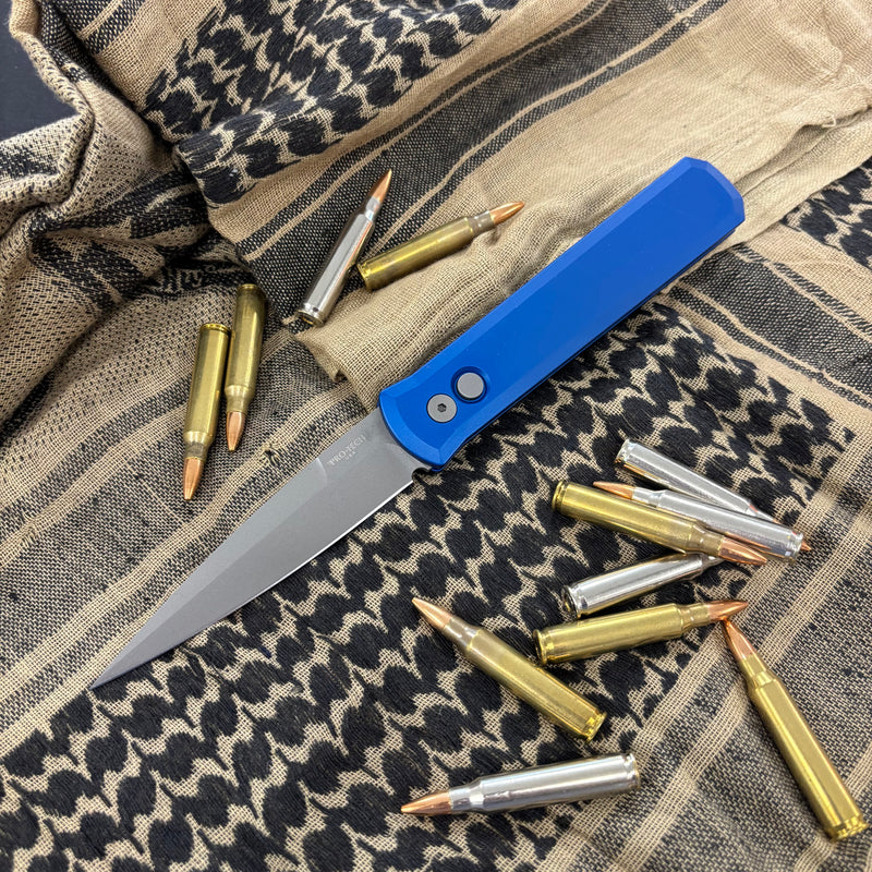 Load image into Gallery viewer, Protech 920-BLUE Godfather Satin 4" Solid Blue Handle Blasted Blade Knife
