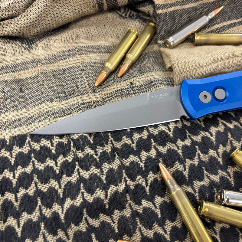 Load image into Gallery viewer, Protech 920-BLUE Godfather Satin 4" Solid Blue Handle Blasted Blade Knife
