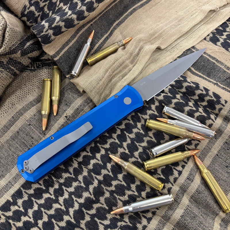Load image into Gallery viewer, Protech 920-BLUE Godfather Satin 4" Solid Blue Handle Blasted Blade Knife
