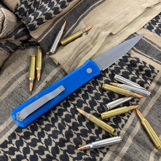 Protech 920-BLUE Godfather Satin 4" Solid Blue Handle Blasted Blade Knife