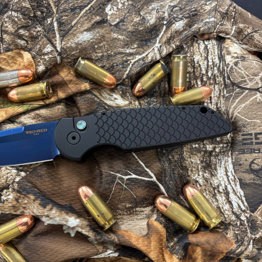 Protech TR-3 X1 SB, Tactical Response 3, 3.5" Clip Point Auto Folder, Black Handle Fishscale Texture, Sapphire Blue Blade, Knife