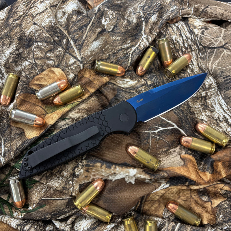 Load image into Gallery viewer, Protech TR-3 X1 SB, Tactical Response 3, 3.5" Clip Point Auto Folder, Black Handle Fishscale Texture, Sapphire Blue Blade, Knife
