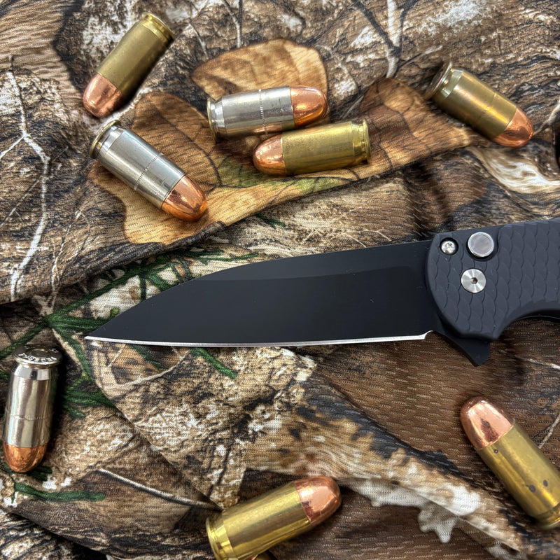 Load image into Gallery viewer, Protech 5336-LTD Malibu Flipper, black dragon scale textured handles, DLC black Magnacut Wharncliffe Blade, black lip pearl button, satin hardware, black clip, knife
