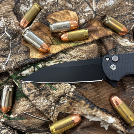 Protech 5336-LTD Malibu Flipper, black dragon scale textured handles, DLC black Magnacut Wharncliffe Blade, black lip pearl button, satin hardware, black clip, knife