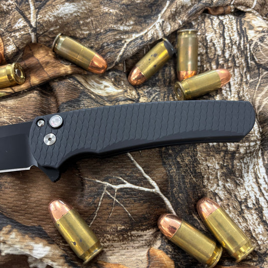 Protech 5336-LTD Malibu Flipper, black dragon scale textured handles, DLC black Magnacut Wharncliffe Blade, black lip pearl button, satin hardware, black clip, knife