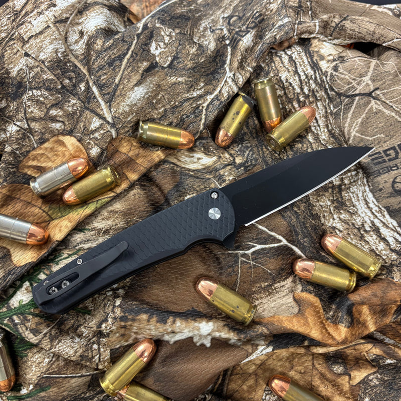 Load image into Gallery viewer, Protech 5336-LTD Malibu Flipper, black dragon scale textured handles, DLC black Magnacut Wharncliffe Blade, black lip pearl button, satin hardware, black clip, knife
