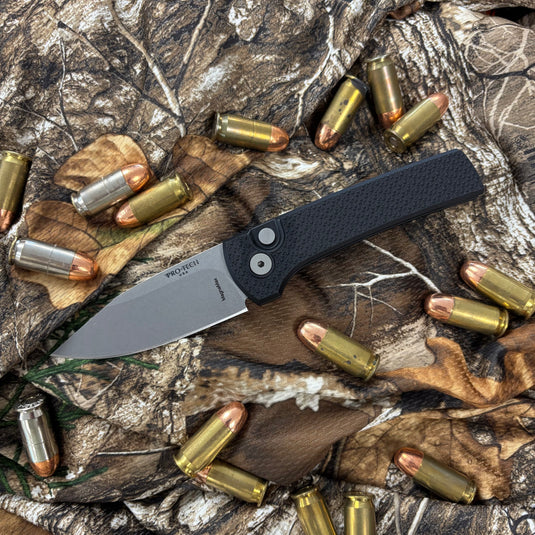 Protech RCS1105 Ramon Chavez designed Scapegoat compact auto, carbide textured black aluminum handle, stonewash Magnamax blade, blasted hardware, black deep carry clip, knife