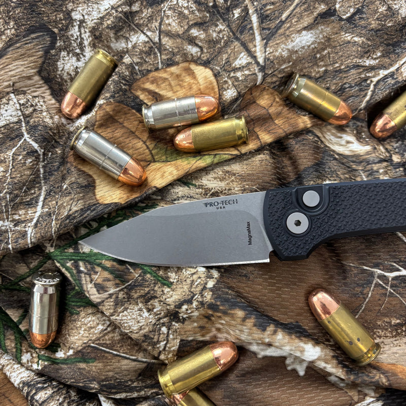 Load image into Gallery viewer, Protech RCS1105 Ramon Chavez designed Scapegoat compact auto, carbide textured black aluminum handle, stonewash Magnamax blade, blasted hardware, black deep carry clip, knife
