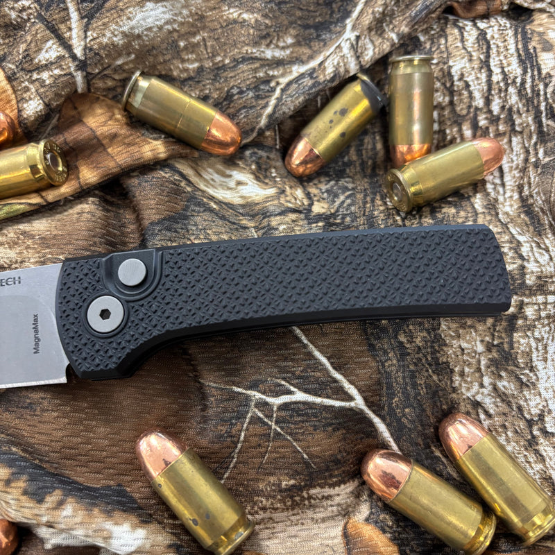 Load image into Gallery viewer, Protech RCS1105 Ramon Chavez designed Scapegoat compact auto, carbide textured black aluminum handle, stonewash Magnamax blade, blasted hardware, black deep carry clip, knife
