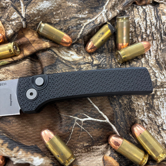 Protech RCS1105 Ramon Chavez designed Scapegoat compact auto, carbide textured black aluminum handle, stonewash Magnamax blade, blasted hardware, black deep carry clip, knife
